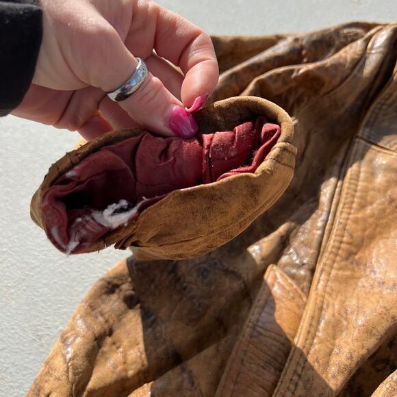 Vintage 80s Tan Leather Moto Bomber Jacket Grunge MEDIUM - Picture 6 of 11